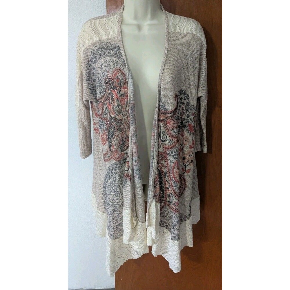Vocal Floral Studded Lacy Hi Lo Long Open Front Mesh Cardigan Sz Medium